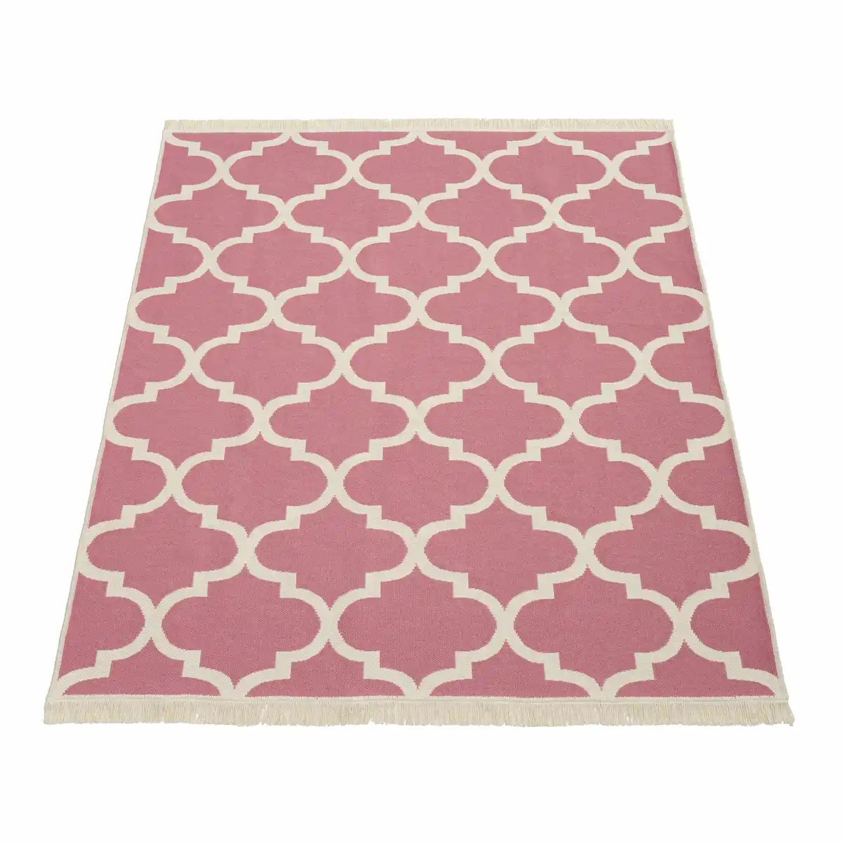 Tapis Oriental Royaliz Réversible rose seconde face sur fond blanc.