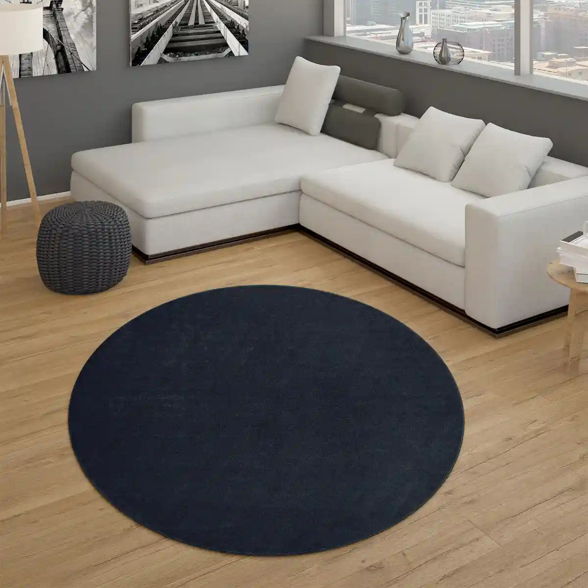 Tapis Rond Uni Basic couleur Bleu Marine