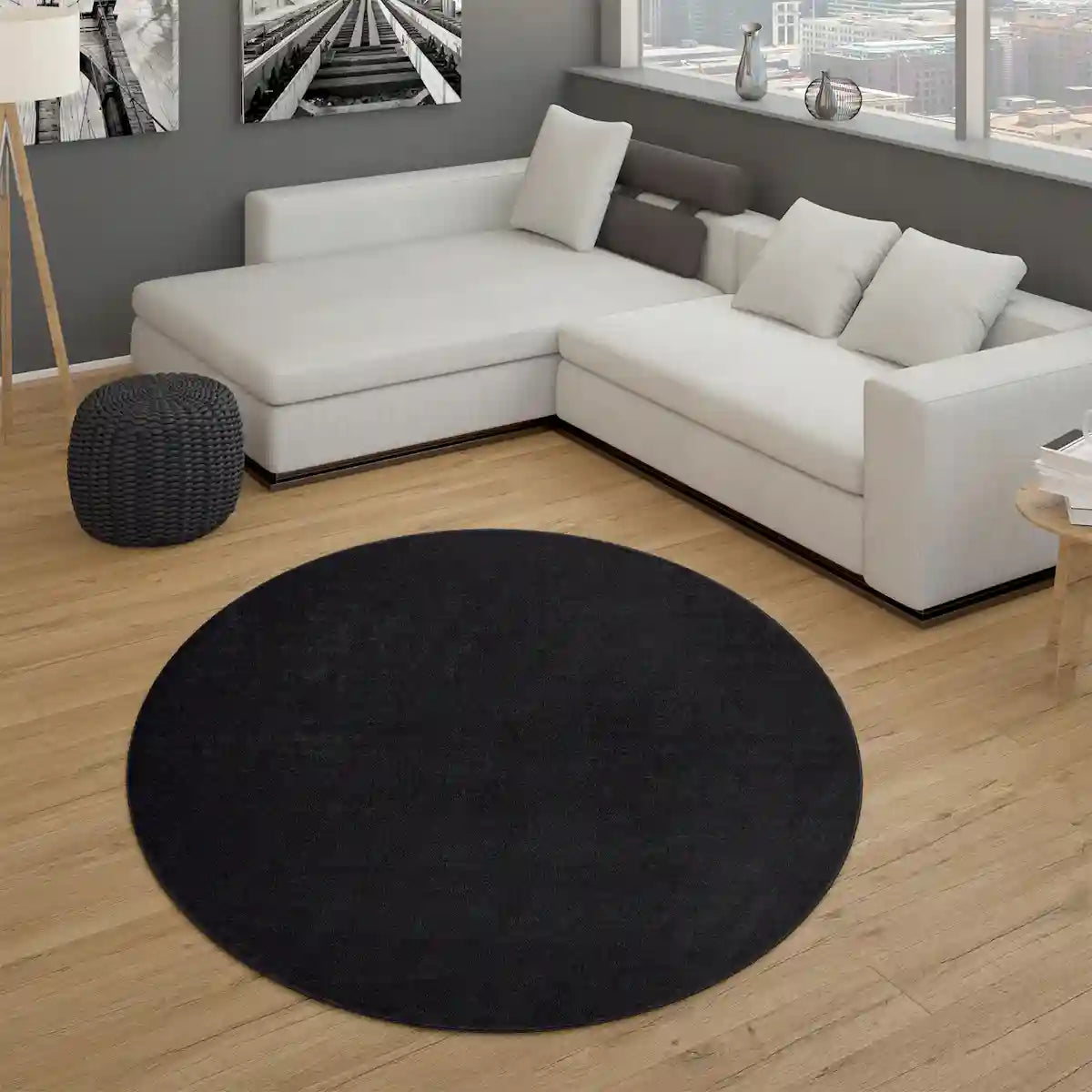 Tapis Rond Uni Basic couleur Noir