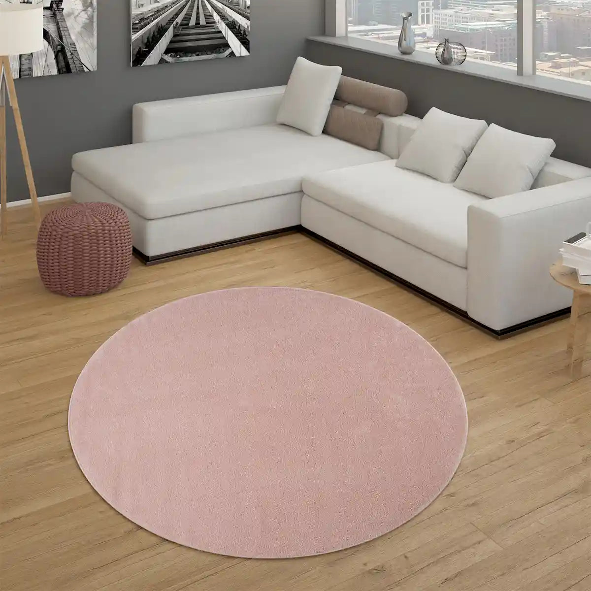 Tapis Rond Uni Basic couleur Rose