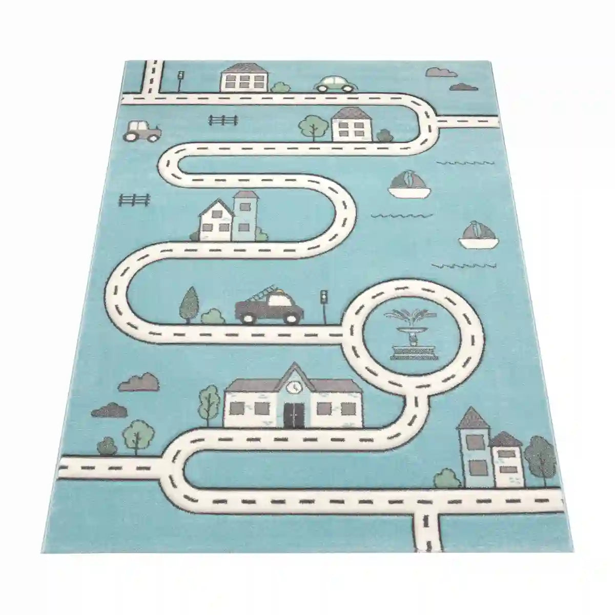 Tapis Route Enfant Arondo Bleu sur fond blanc