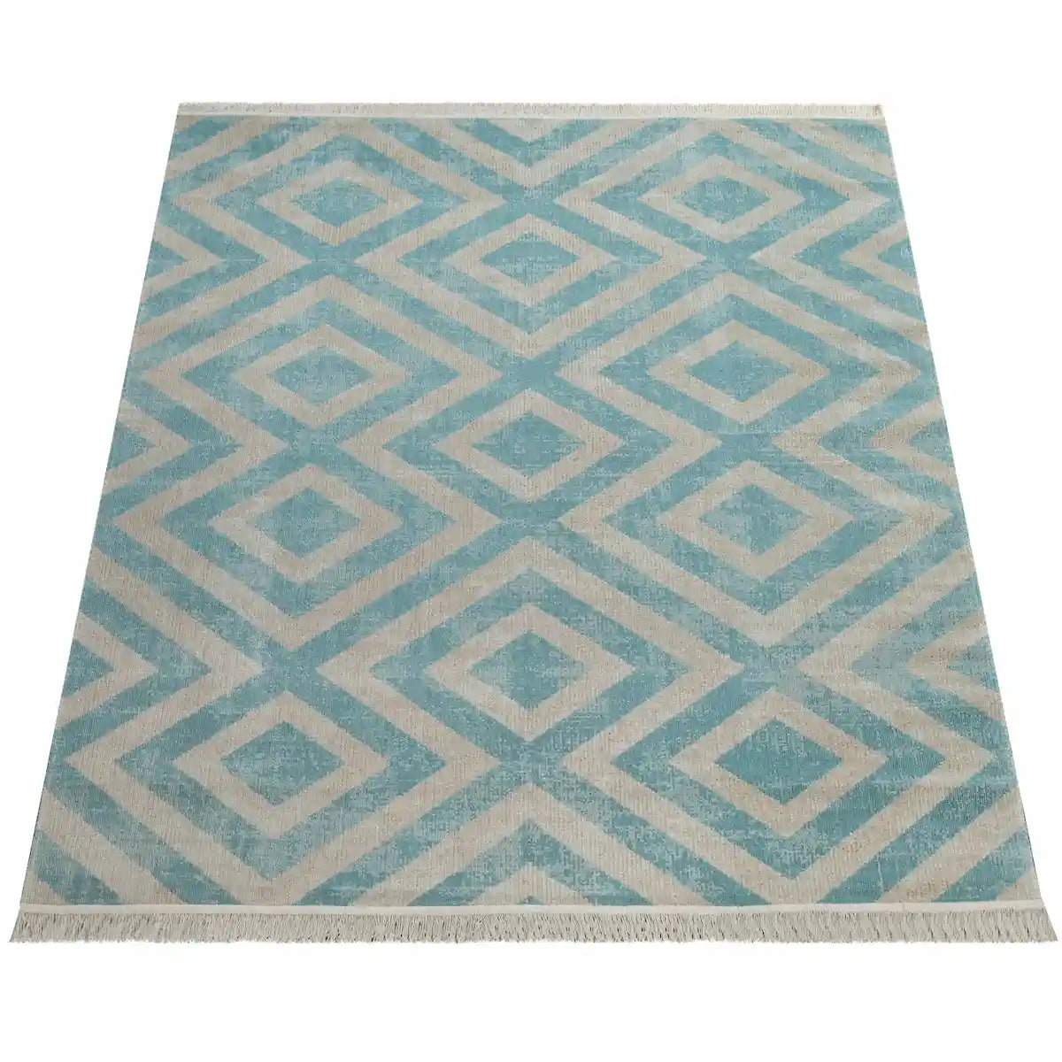 Tapis Scandinave Losangia Turquoise sur fond blanc