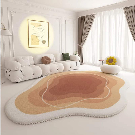 Tapis forme irrégulière flambo, dégradés d’orange, inspiré d’un volcan, idéal pour une grande pièce ou une chambre moderne.