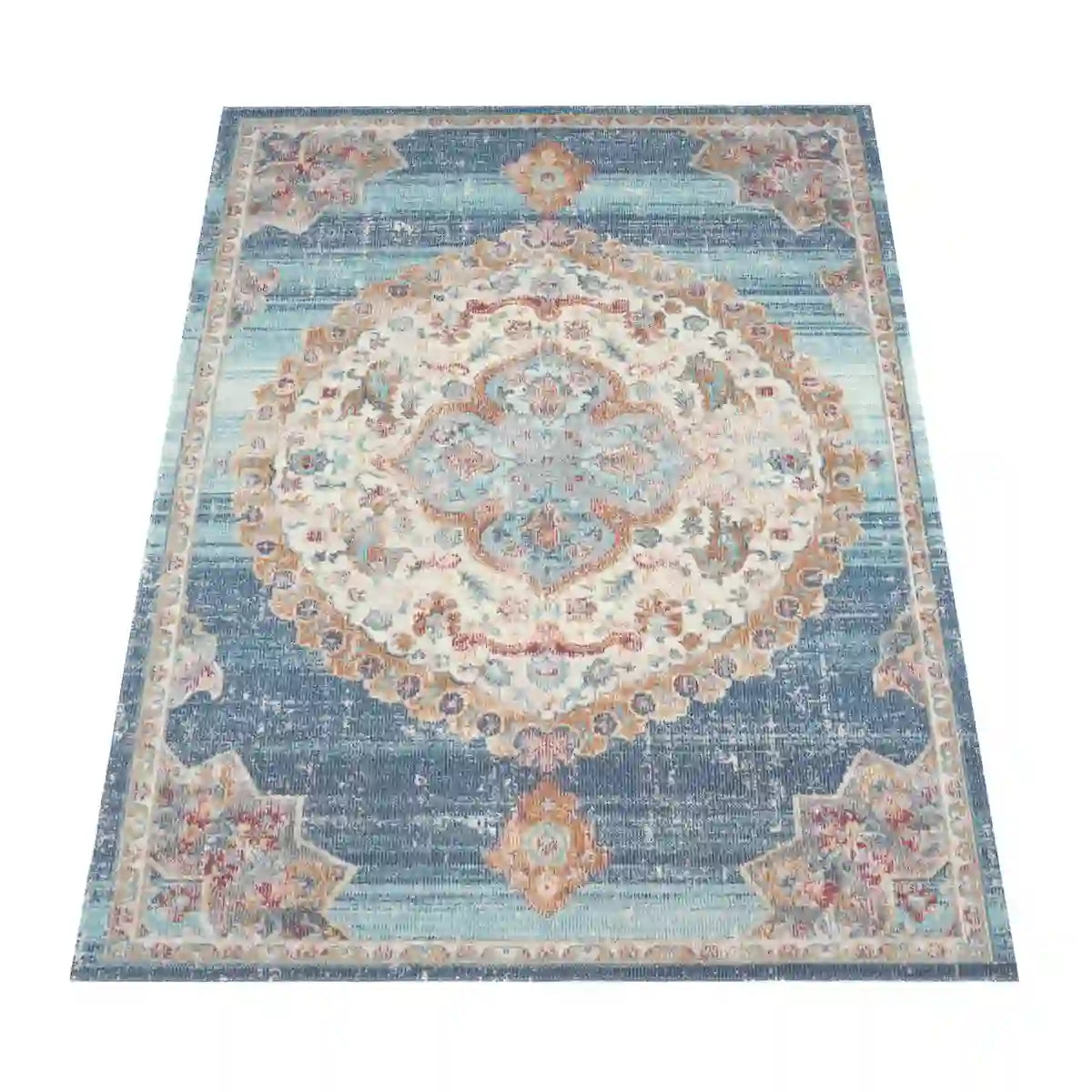 Tapis Oriental Uzela Bleu sur fond blanc